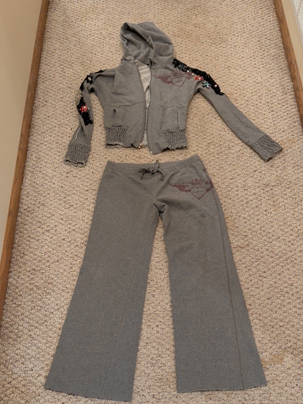 bebe Gray Embellished Wide-Leg Lounge Pants Set